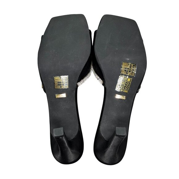 Black Satin Heels With Rhinestone Bow Embellishments & Open Square Toe Design - Picture 6 of 7